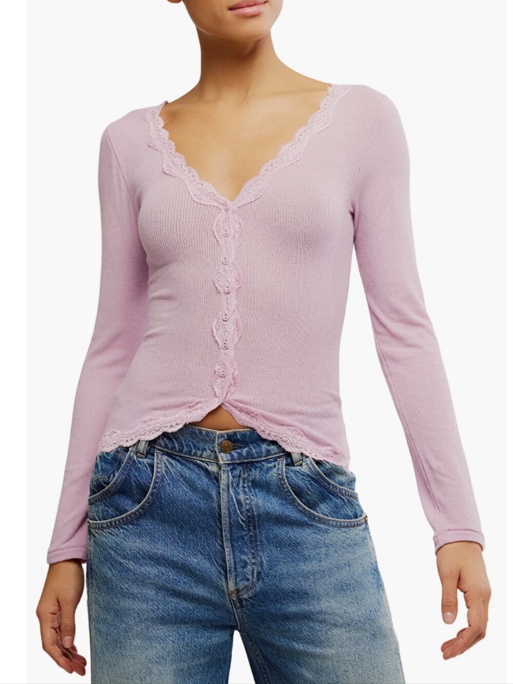 Intimately Free People Big Love Lace Trim Knit Button-Up Top Plum Blossom Small